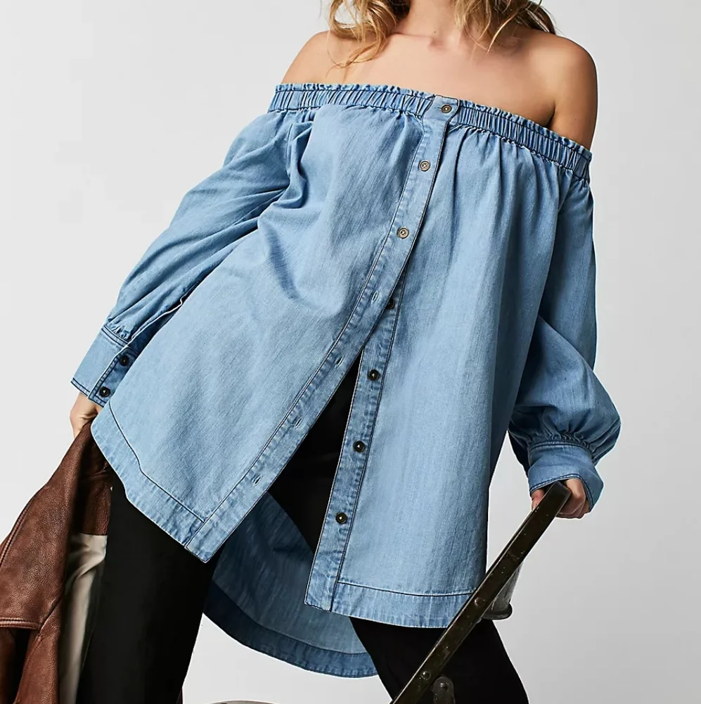 NWT Free People Tigerlily Tunic Light Wash Denim Blue Off The Shoulder Top Shirt - Picture 2 of 6